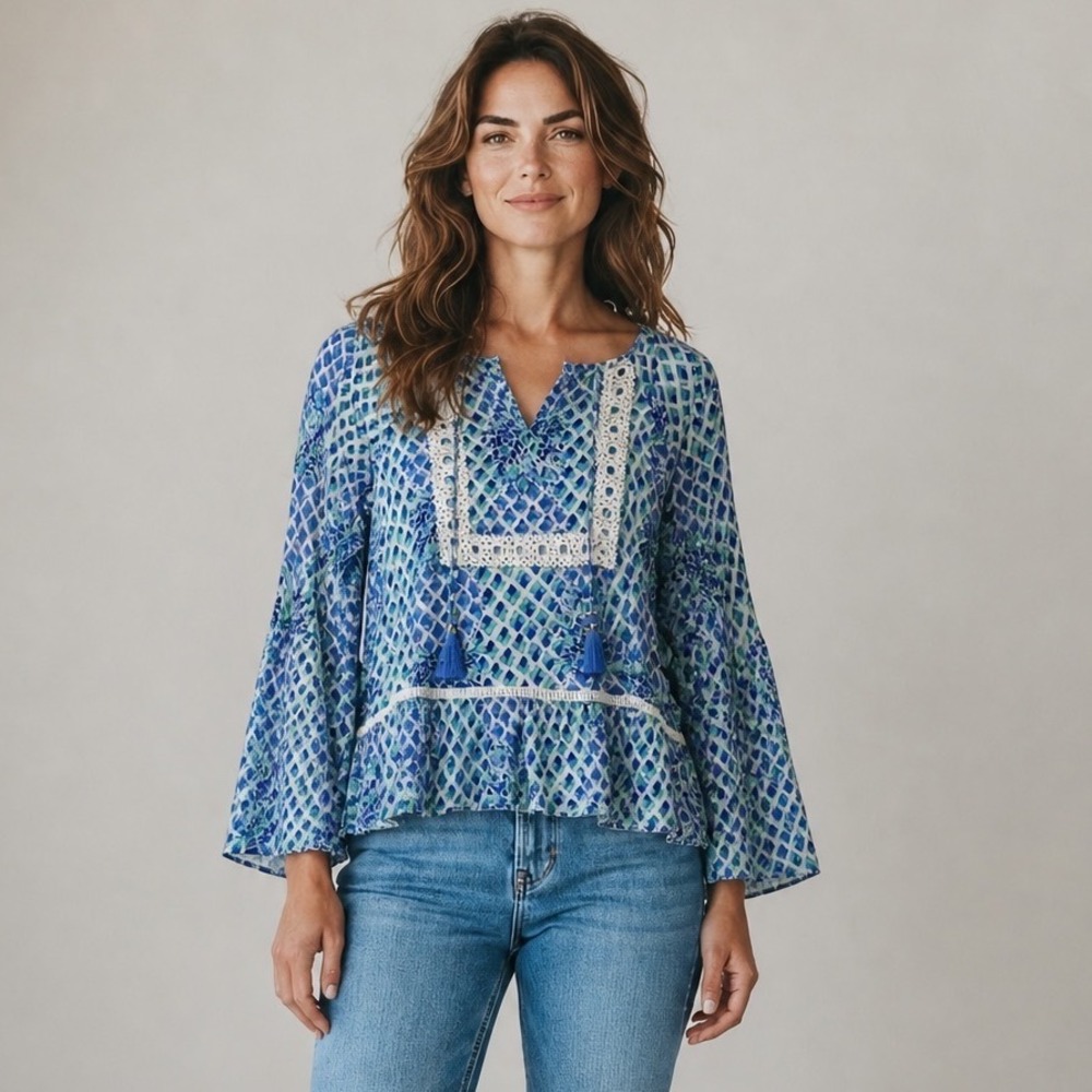 Lilly Pulitzer Blue Green Geometric Bel Sleeve Tassel Tunic Top S Nautical Beach